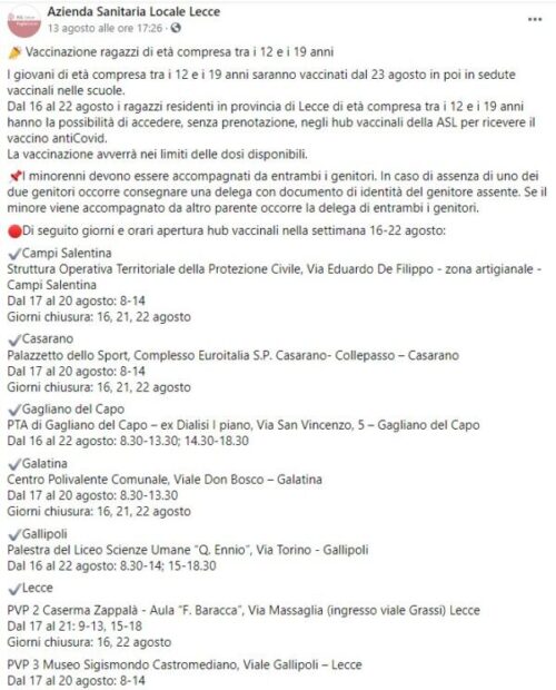 Vaccinazione dei ragazzi di età compresa tra i 12 e i 19 anni