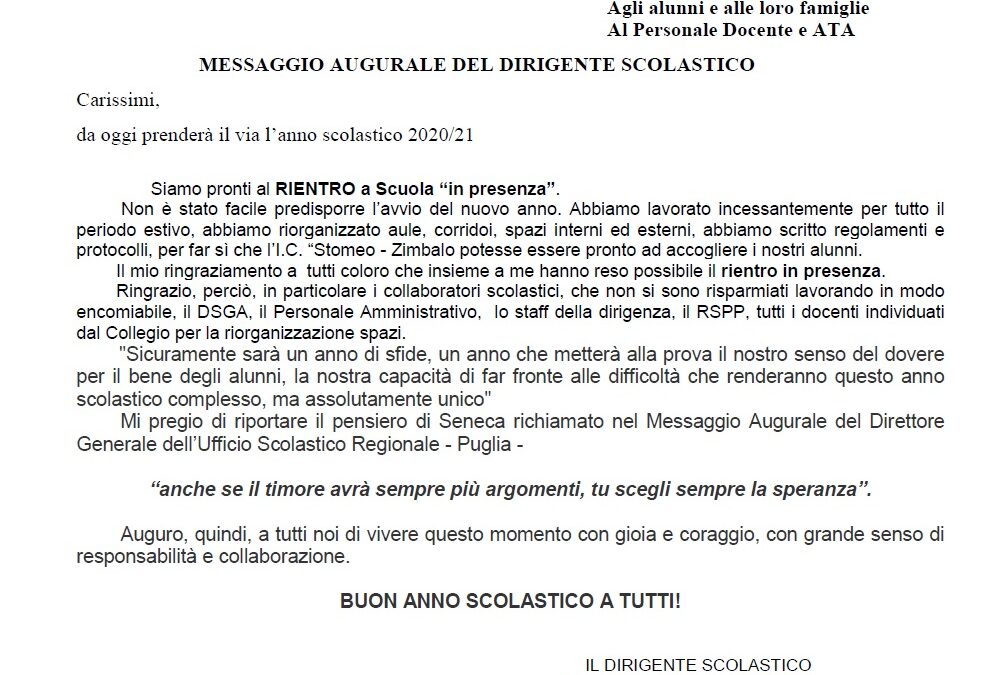 Messaggio del Dirigente Scolastico